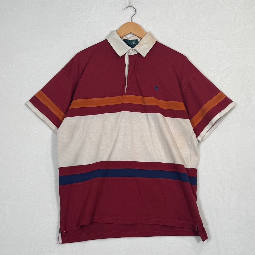 Vintage Kings Court Colorblock Rugby Polo Shirt Burgundy Cream Orange Medium